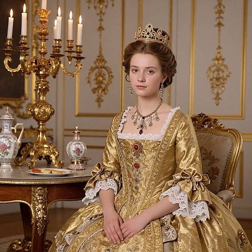 Photograph of a fair-skinned woman with brown hair in an elaborate gold Victorian gown, crown, and necklace, seated in an ornate room with