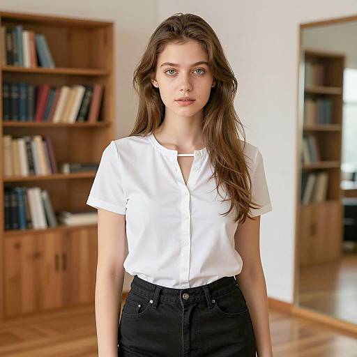Young Woman in White Shirt Standing Indoors