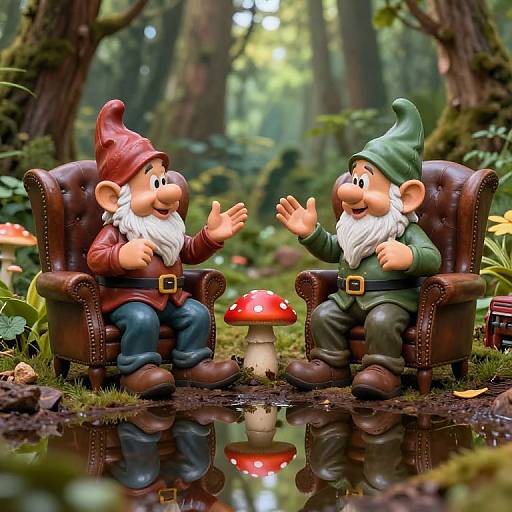 Photorealistic digital image of two gnome figurines, one in red hat and brown chair, one in green hat and brown chair, gesturing at