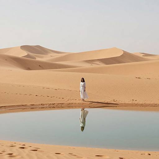Photograph of a solitary person in white robes standing by a still, reflective oasis in a vast, sunlit desert with rolling sand dunes in the