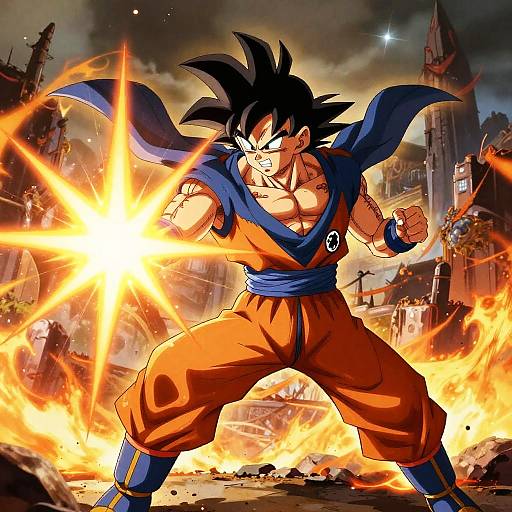 Digital illustration of Super Saiyan Goku, intense expression, orange gi, blue sash, powerful energy blast, fiery cityscape background, dynamic pose.