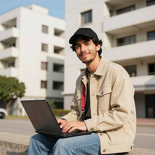 Young Man with Laptop on Ledge