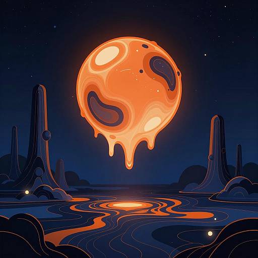 Surreal Cosmic Orb in Fluid Landscape