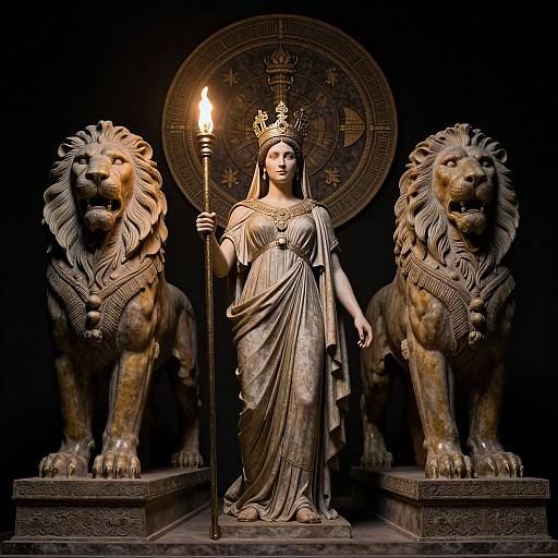 Photograph of a bronze statue of a crowned woman with a torch, flanked by two regal lions, against a dark background.