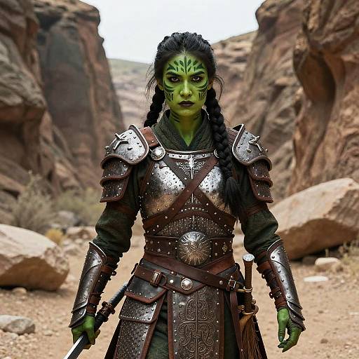 Photorealistic CGI of a green-skinned, black-haired female warrior with tribal face paint, wearing medieval-style armor, standing in a desert canyon.