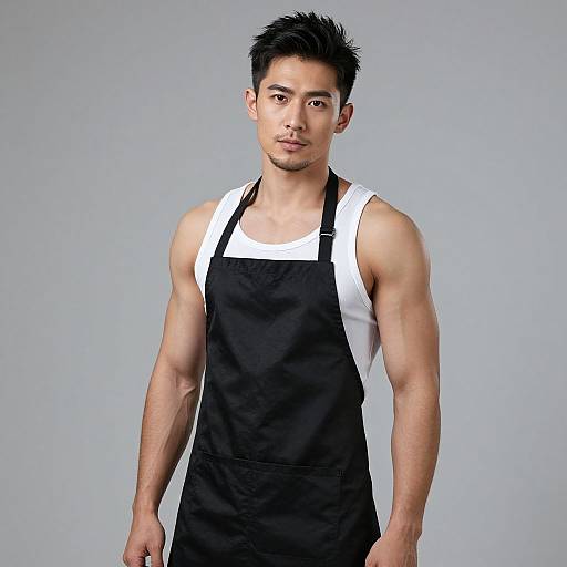 Photograph of a muscular Asian man with short black hair, wearing a black and white sleeveless apron, standing against a plain gray background.
