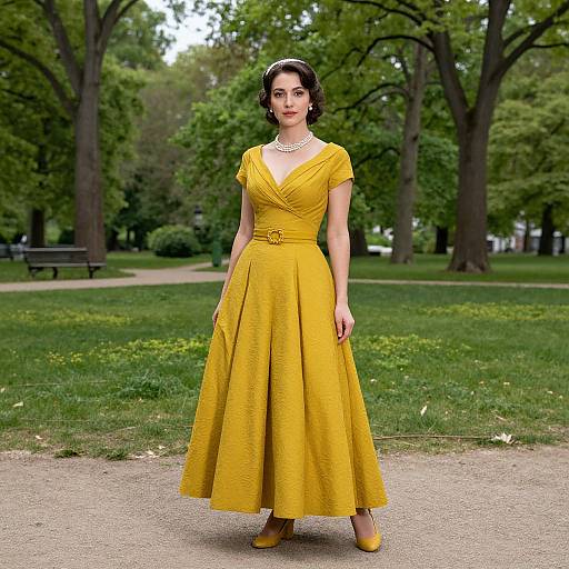 Photograph of a woman with short, curly brown hair, wearing a yellow, V-neck, vintage-style dress and yellow shoes, standing in a lush