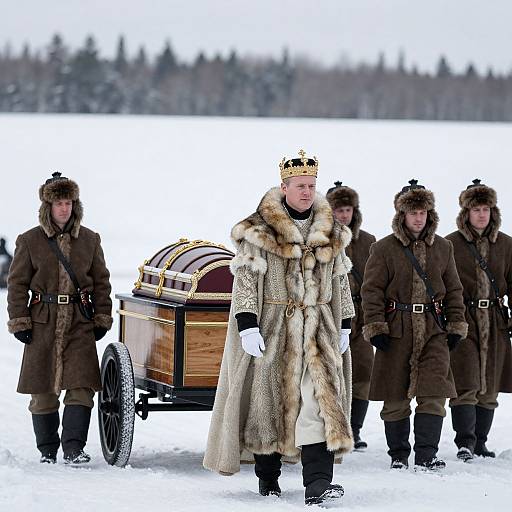 Photograph of a regal man in a fur-trimmed golden robe and crown, flanked by four guards in brown fur coats, standing in