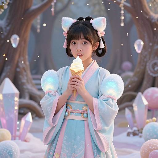 Digital illustration of an Asian girl in a light blue kimono with white fur accents and cat ears, holding a glowing ice cream cone in a whimsical