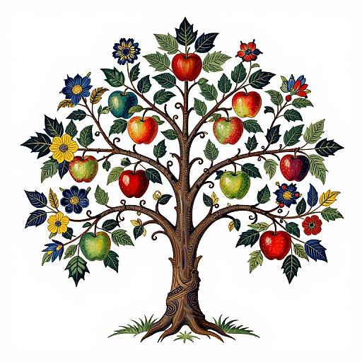Colorful, detailed illustration of a tree with red, green apples, blue and yellow flowers, and dark green leaves on a white background.