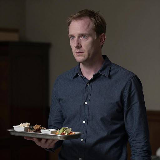 Pale Man in Dimly Lit Room