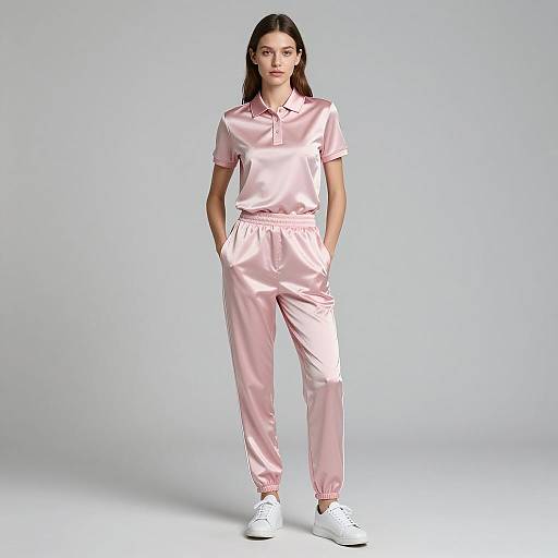 Woman in Pink Satin Polo and Track Pants