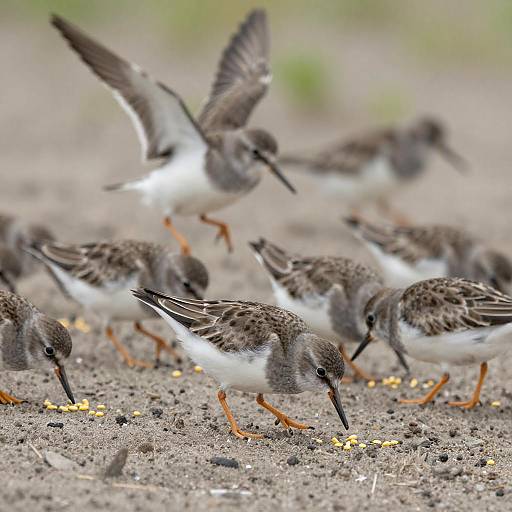 Lively Shorebirds Foraging on Sandy Ground