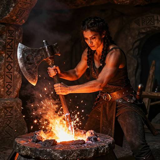 Female Duergar Blacksmith Forging Axe