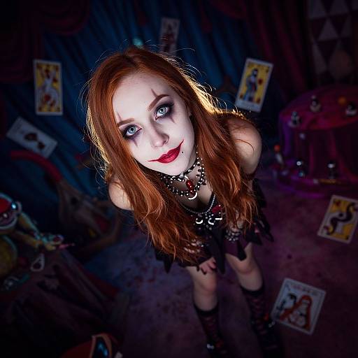 Photograph of a pale, red-haired woman with dark makeup and red lipstick, dressed in a black, gothic outfit, looking up at the camera