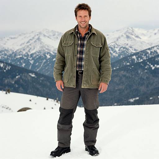 Photograph of a smiling man with short brown hair, wearing an olive green jacket, black plaid shirt, and black pants, standing in a snowy