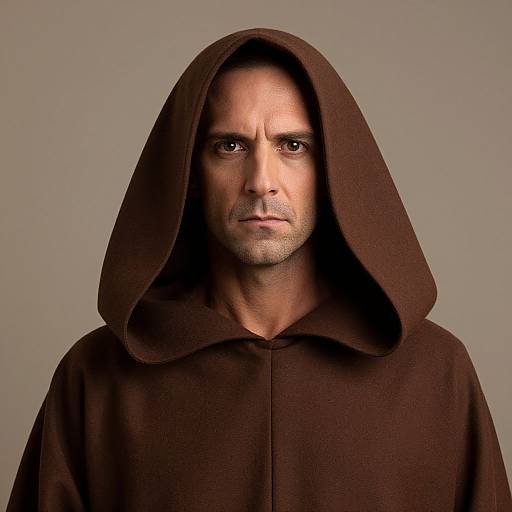 Photograph of a serious middle-aged man with a rugged face, wearing a dark brown hooded robe, against a plain gray background.