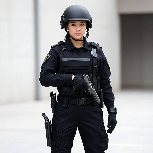 Photograph of a serious young female police officer in black uniform, helmet, and tactical gear, holding a handgun, standing against a blurred white and gray
