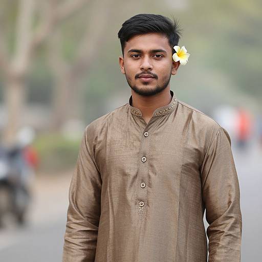 Photograph of a young South Asian man with short black hair, trimmed beard, brown eyes, wearing a beige kurtah, yellow flower in hair