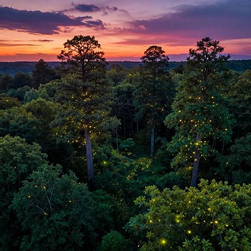 Photograph of a sunset over a dense forest, with colorful sky gradients and trees adorned with glowing fireflies, creating a magical twilight ambiance.