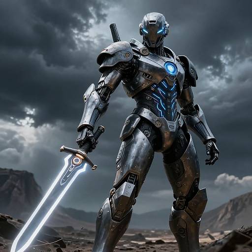 Photorealistic CGI of a futuristic, blue-eyed, silver-armored warrior with glowing chest emblem and sword, standing on a rocky, cloudy landscape.
