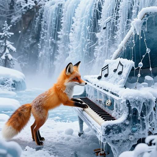 Digital artwork of an orange fox playing a snow-covered, icicle-encrusted grand piano surrounded by a snowy, musical waterfall landscape.