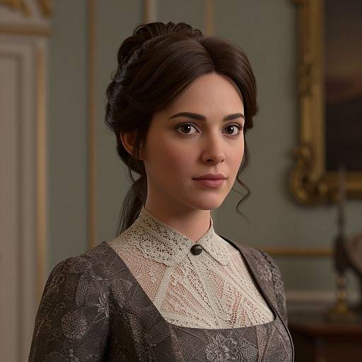 Photorealistic digital portrait of a young woman with fair skin, dark hair in a bun, wearing a Victorian-style lace dress, standing in an orn