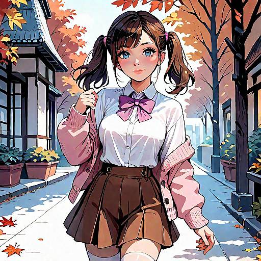 Digital anime-style drawing of a cute, blushing girl with twin pigtails, white shirt, pink bow, brown skirt, pink cardigan,