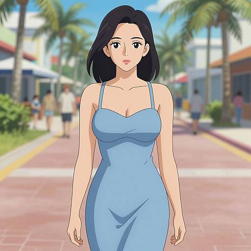 Digital anime-style drawing of a young woman with black hair, wearing a form-fitting blue dress, walking on a sunny, palm-tree-lined street.