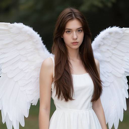 Photograph of a young woman with long brown hair, wearing a white dress and large white feathered angel wings, standing against a dark green blurred background