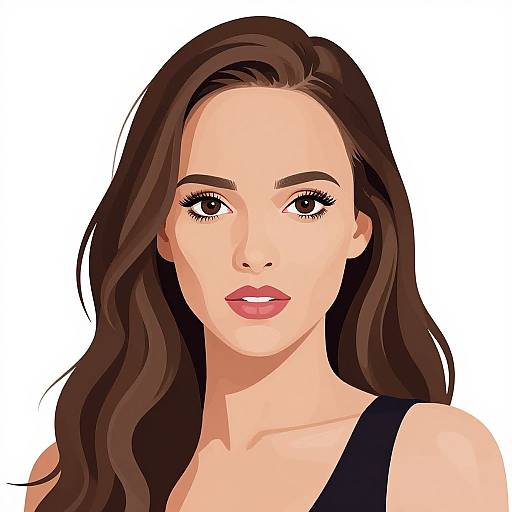 Digital illustration of a fair-skinned woman with long brown hair, brown eyes, and pink lips, wearing a black tank top, against a white background