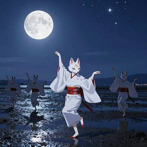 Moonlit Kitsune Dance on Tidal Flats