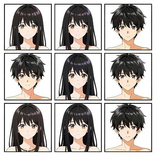 Digital anime-style portrait collage of a black-haired character with long and short hairstyles, showing 9 different expressions and angles.