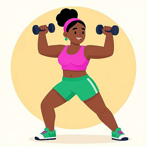 Cartoon-style digital drawing of a dark-skinned, muscular woman with a bun, pink headband, pink sports bra, green shorts, and green
