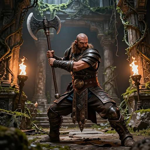 Muscular bald Viking warrior with long beard, wearing dark armor and holding large axe, stands in dimly lit, moss-covered, ancient ruin with torch