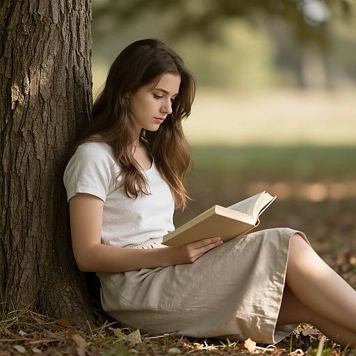 Photograph of a young woman with long brown hair, wearing a white shirt and beige skirt, sitting against a tree, reading a book in a sun