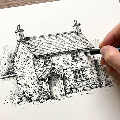 Ink drawing of a charming stone cottage with a tiled roof, detailed windows, and front door, being carefully colored by a hand.