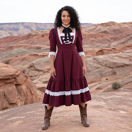 Photograph of a smiling woman with curly black hair, wearing a maroon dress with white lace, black bow, and brown boots, standing in a
