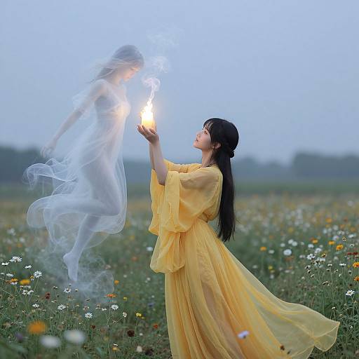 Photograph: Asian woman in flowing yellow dress, holding glowing light, ethereal, translucent figure beside her, meadow with colorful wildflowers, twilight