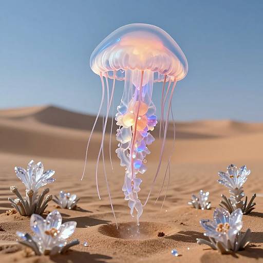 Photorealistic CGI of a glowing jellyfish with translucent, flowing tentacles hovering above sparkling desert flowers and sand dunes under a clear blue sky.