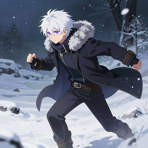 Anime-style digital art of a white-haired, blue-eyed boy with purple eyes, wearing a black coat with fur trim, running through a snowy forest at