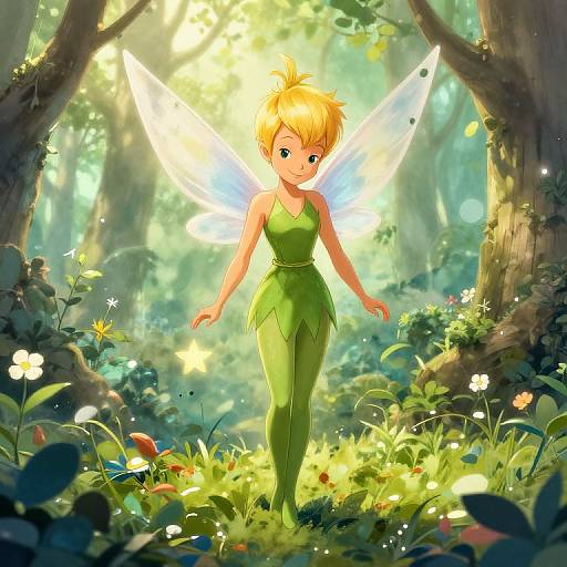 Digital artwork of a blonde, green fairy with translucent wings, standing in a sunlit forest, surrounded by vibrant flowers and lush greenery.