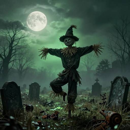 Photograph of a scarecrow with a grim face, ragged clothes, and straw arms, standing on one leg in a moonlit, eerie graveyard