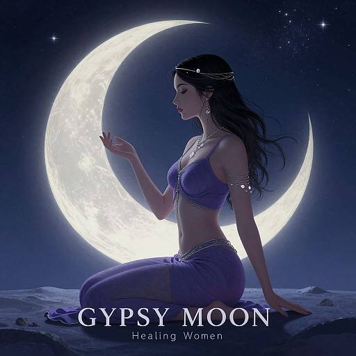 Digital art of a serene, dark-haired woman in a purple harem outfit, sitting on moonlit desert, meditating under a glowing crescent moon