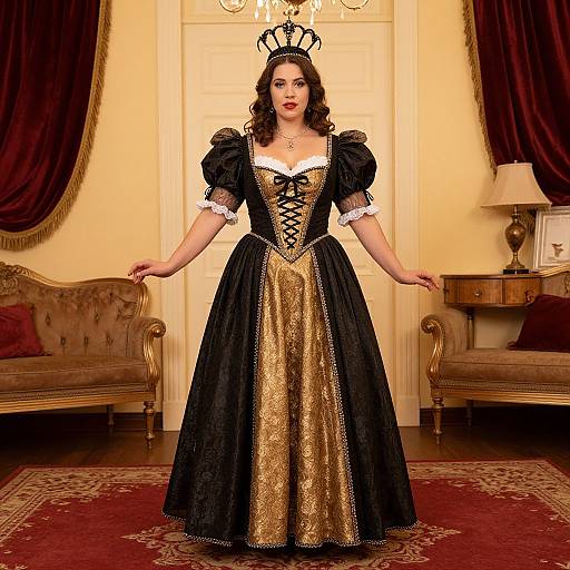 Photograph of a woman in a black and gold Renaissance-style gown with puffed sleeves, lace-up corset, and black crown, standing in an