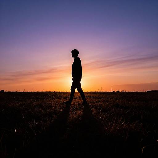 Silhouetted person walking in a field at sunset, with a vibrant orange and purple sky, creating a striking contrast. Photograph.
