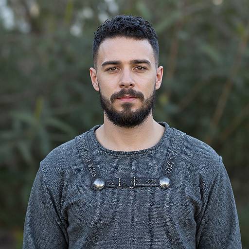 Photograph of a bearded man with short dark hair, wearing a textured gray sweater with two round buttons, standing against a blurred green foliage background.