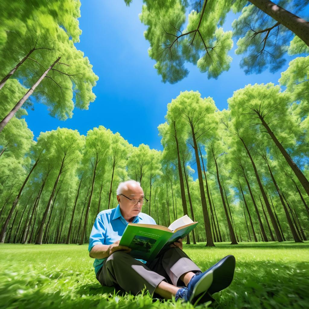 Elderly Man Reading Under Tall Trees