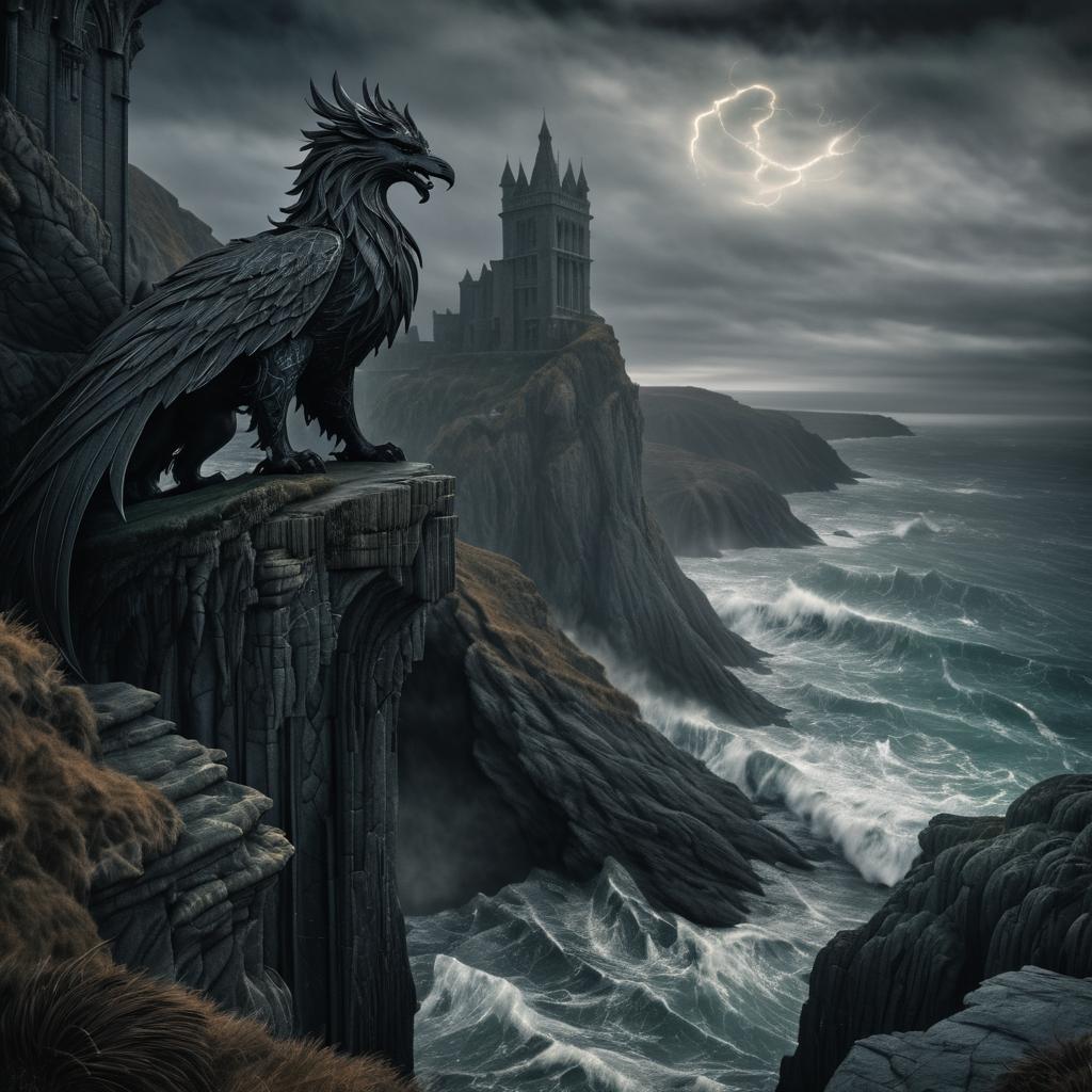 Mythical Griffin on Stormy Coastal Cliff