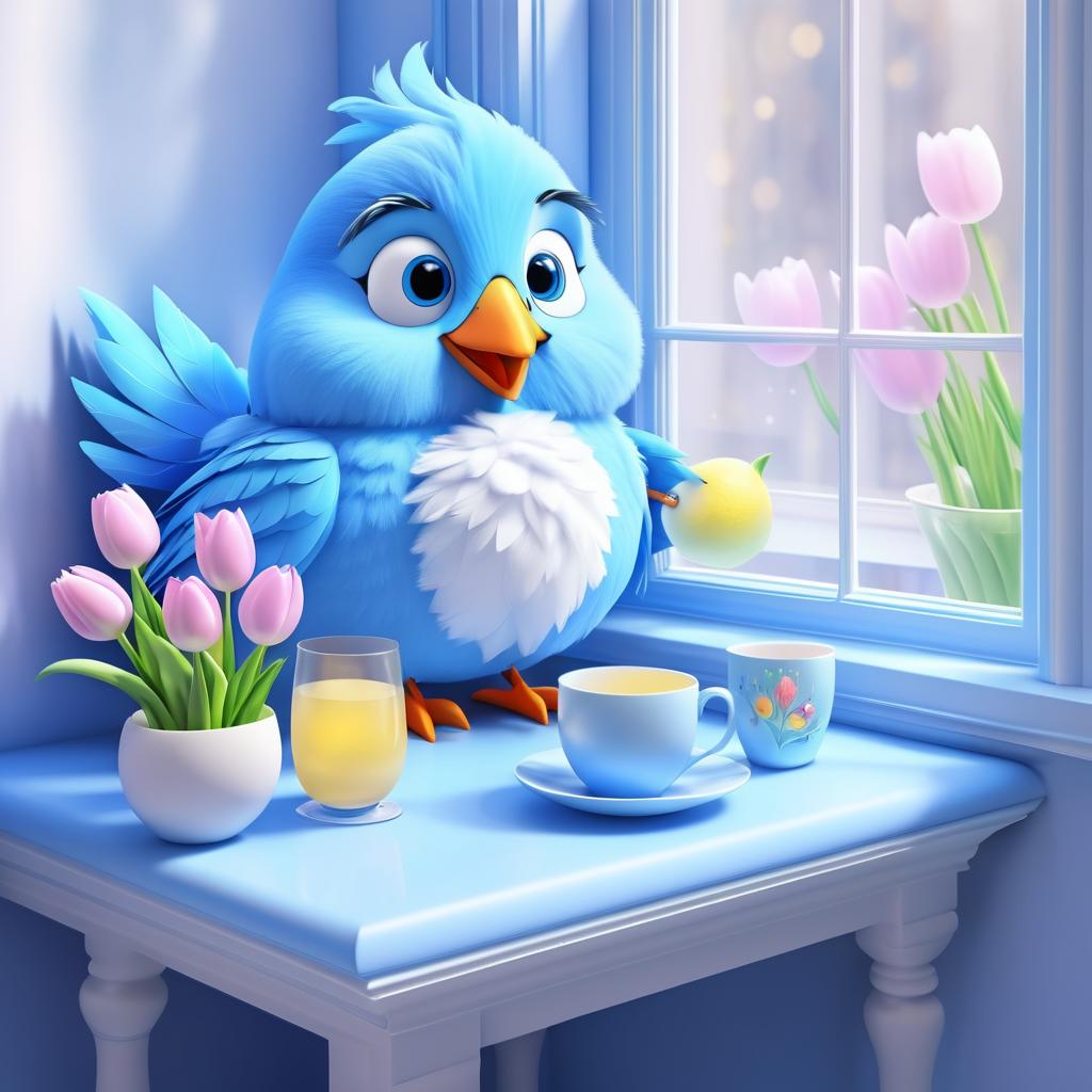 Fluffy Blue Bird in Cozy Setting